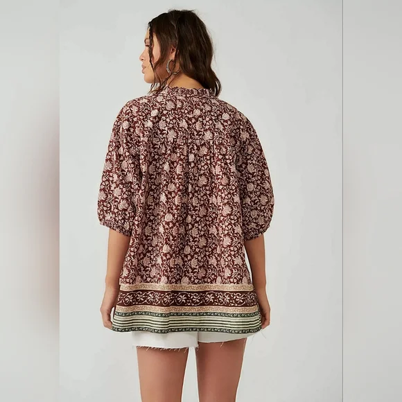 We The Free Border Batik Buttondown Top, Size XS, Brown, GUC - Picture 2 of 9